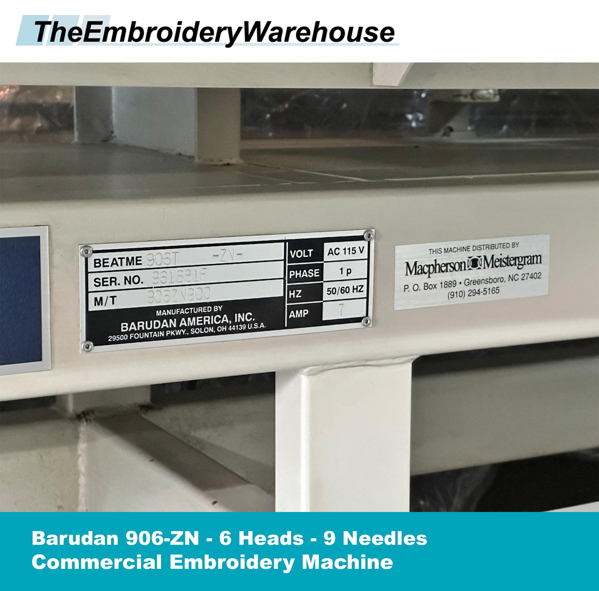 Barudan 906ZN 6 Heads 9 Needles Commercial Embroidery Machine